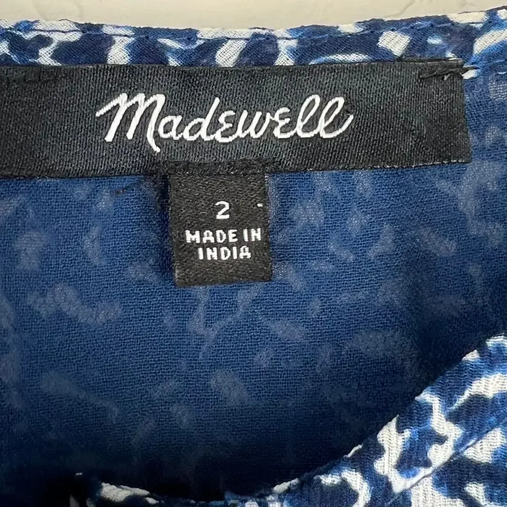 Madewell Blue Indigo Bengali Blockprint Chiffon Sweetheart Lined Blouse Size 2